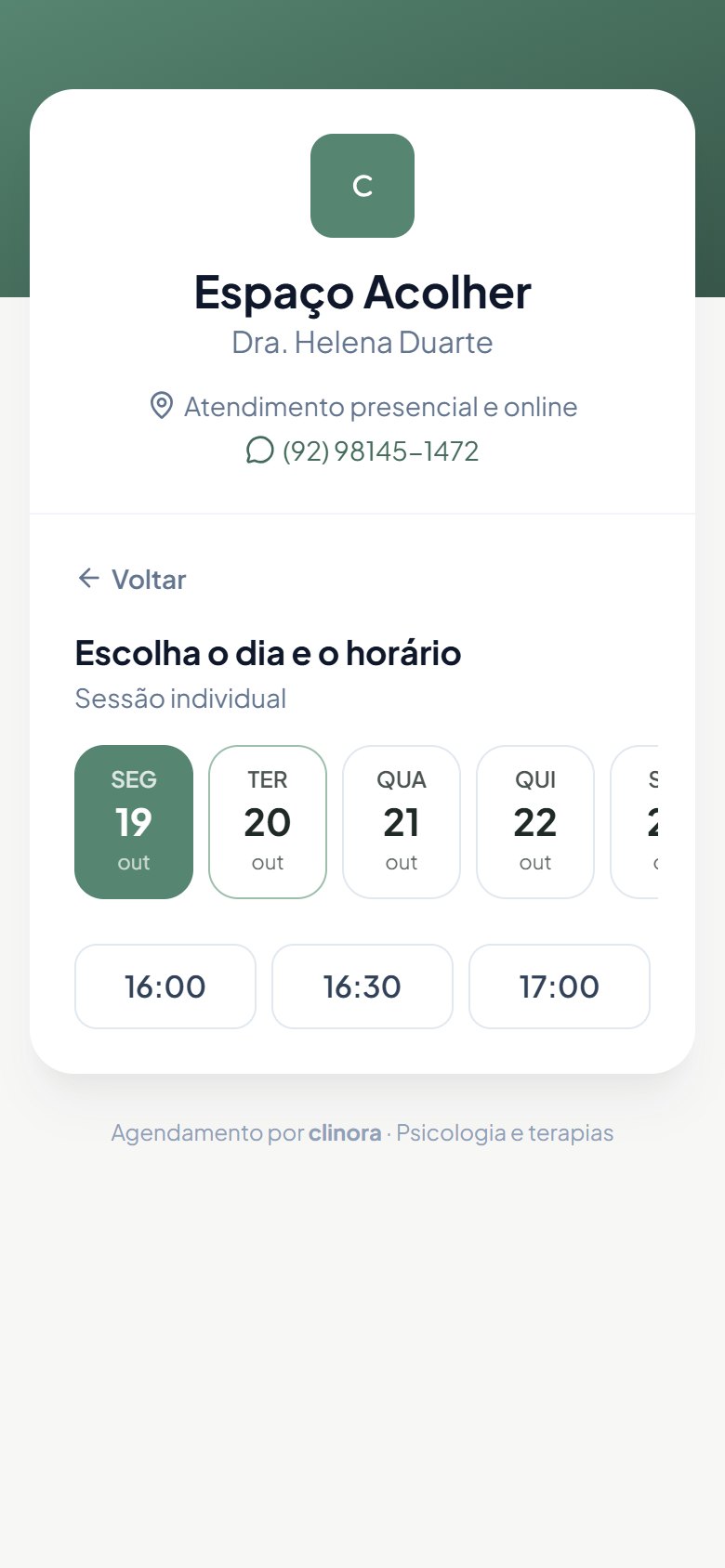 Página de agendamento online no celular