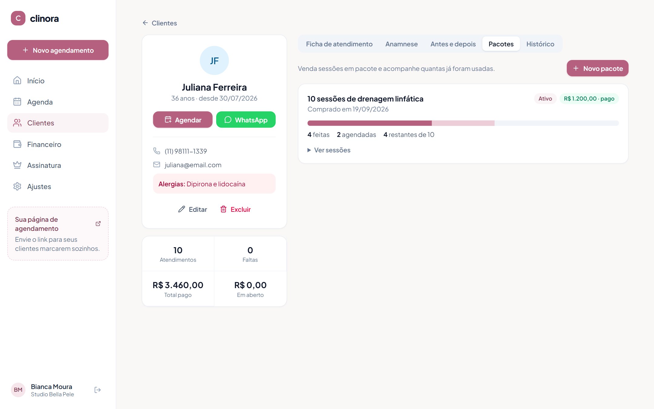 Pacote de sessões da cliente